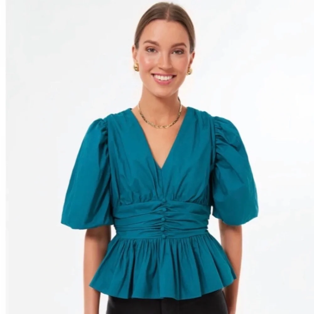 NWT Tuckernuck Hyacinth House Teal Puff Sleeve Top Size S